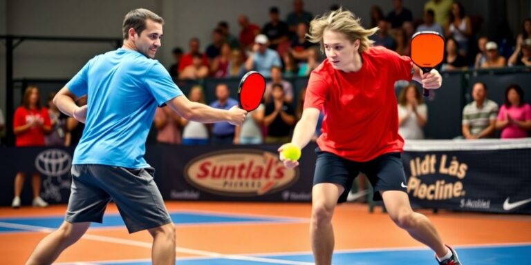 Two players competing in a fast-paced pickleball singles match.