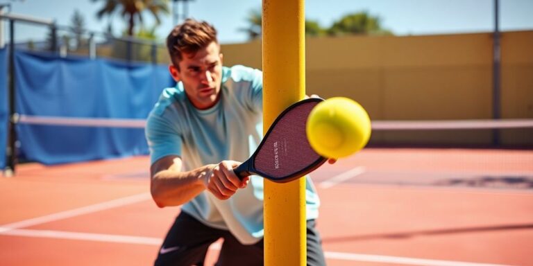 Player executing around-the-post shot in pickleball match.