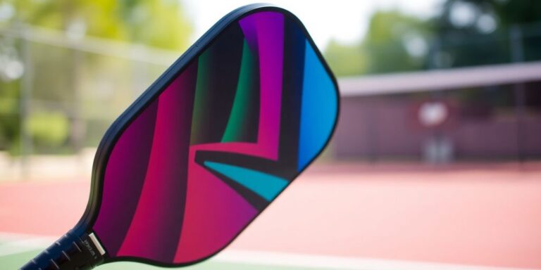 Electrum Pro Pickleball Paddle on a blurred court background.