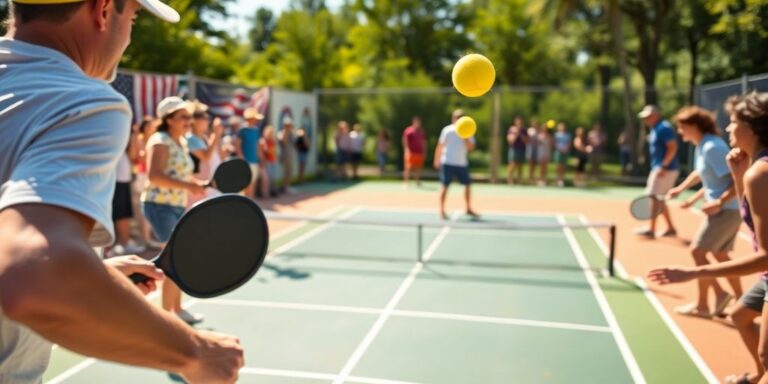 Players enjoying a game of pickleball on a sunny court.