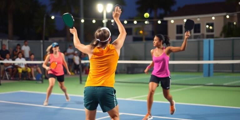 Exciting pickleball match with players and spectators in action.