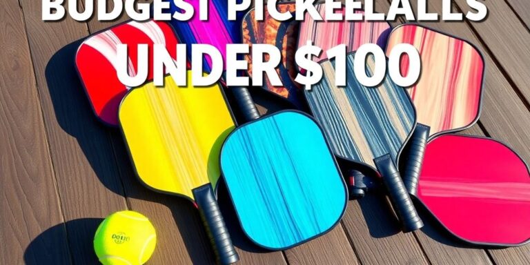 Colorful budget pickleball paddles displayed on a court.