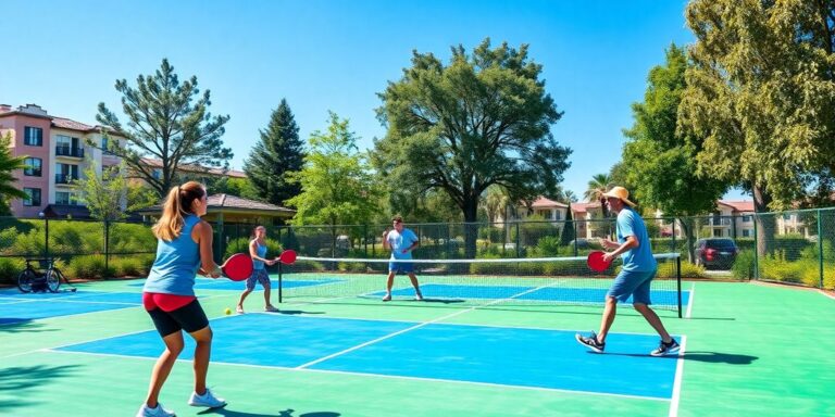 Players enjoying pickleball on a sunny court in San Jose.