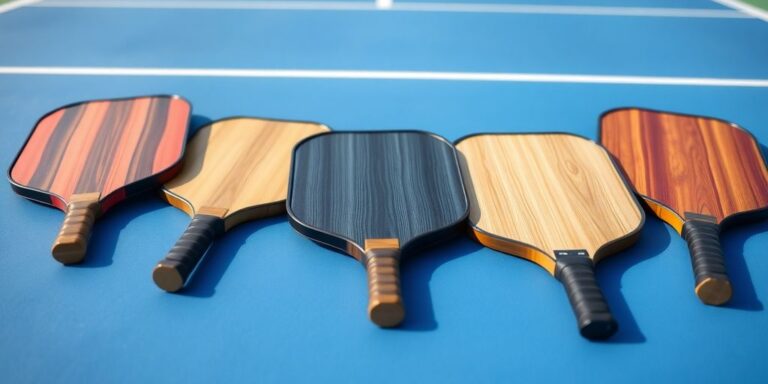 Assortment of pickleball paddles on a court.