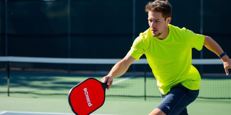 Player hitting pickleball with Prince paddle on court.