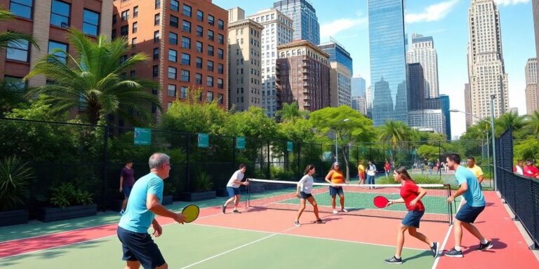 Players enjoying pickleball on an urban NYC court.