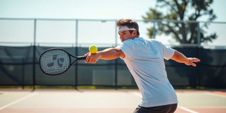 Pickleball player executes two-handed backhand shot.