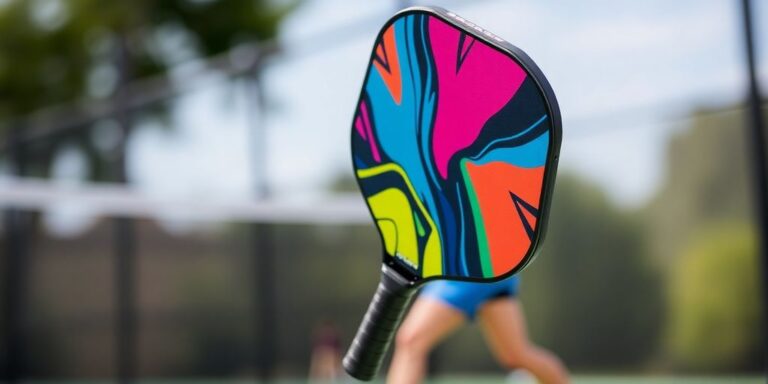 Selkirk Evo Pickleball Paddle with a blurred court background.