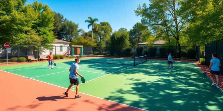Players enjoying a sunny day on a pickleball court.