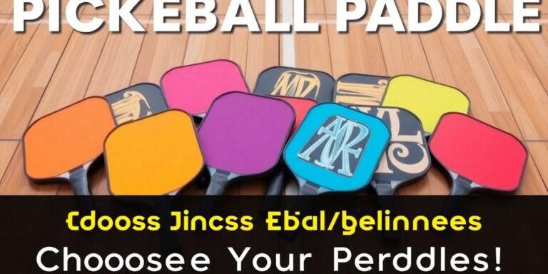 Colorful pickleball paddles on a wooden court background.