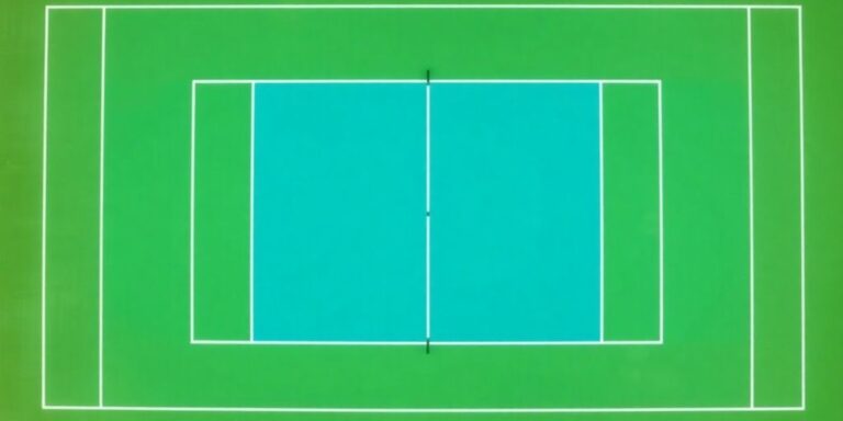 Aerial view of pickleball court with highlighted dimensions.