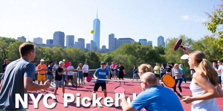 Players competing in a lively NYC pickleball match.