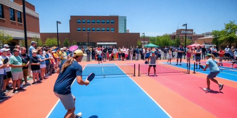 Players competing in a lively Nashville pickleball match.