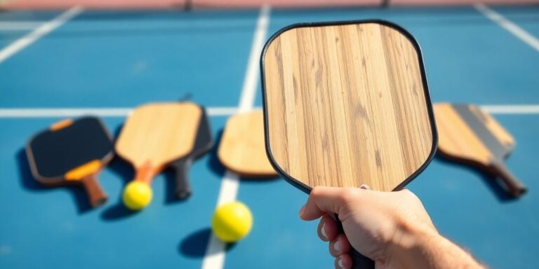 Player holding pickleball paddle on court, various paddles visible.