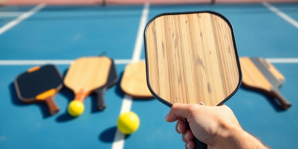 Player holding pickleball paddle on court, various paddles visible.