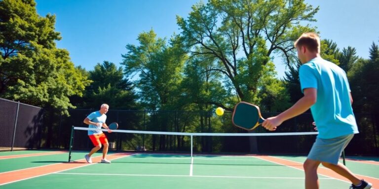 Pickleball court with players, paddles, and ball.