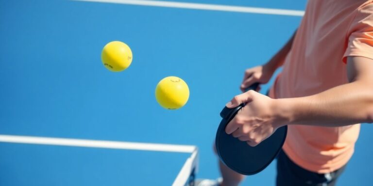 Pickleball player makes a sure shot over the net.