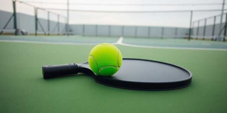 Pickleball paddle, ball, net on court