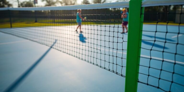 Pickleball net on tennis court, players in background.
